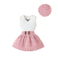 Girls' Fashion Beret Top Tartan Skirt Suit