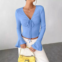 Womens Autumn City-style Blouse With A Notched Collar And Self-tie Cuffs