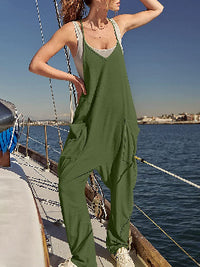 Women's Fashion Solid Color V-Neck Sling Pocket Jumpsuit