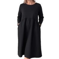 Solid-color Pleated Crew-neck Long-sleeve Dress With Pockets