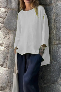 Women's Loose Linen Cotton Round Neck Long Sleeve Shirt