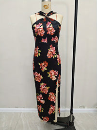 Slanted Shoulder Printed Bag Hip High Slit Dress