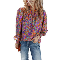 Floral Print Chiffon Blouse Womens Ruffle Hem Pullover Top