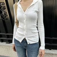 Casual Simple Slim-fit Single-breasted Cardigan Polo Collar Long Sleeve T-shirt