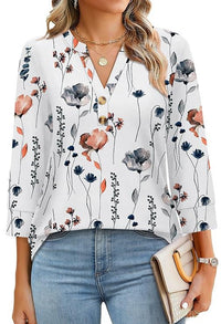 Womens Plus-Size Loose V-Neck Buttoned Three-Quarter Sleeve T-Shirt