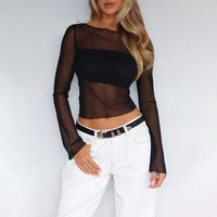 Summer Fashion Mesh Base Long Sleeve Sheer Top