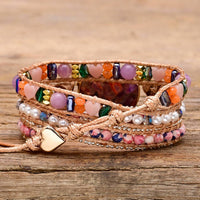 Heart-shaped Red Color-blocked Stone Bracelet With Rain Flower Stone Beads
