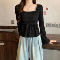 Pure Desire Apricot Hem Square Collar Long Sleeve Top