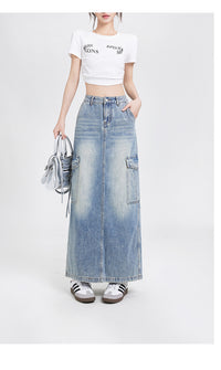 Women's A- Line Denim Skirt Fashion Wash Long Skirt
