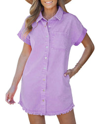 Womens Short-Sleeve Denim Shirt Dress Denim Button-Up Casual Style