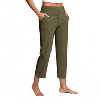 Womens Solid-Colored High-Waist Pockets Casual Pants