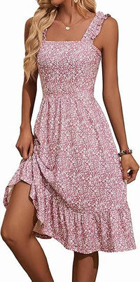 Womens Elegant Square-Neck Floral A-Line Sleeveless Dress