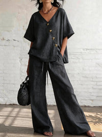 Casual Vacation Loose Cotton-Linen V-Neck Wide-Leg Pants Two-Piece Set