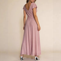 Womens Deep-Neckline Short-Sleeve High-Waist Solid-Color Split Dress