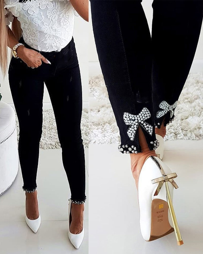 Slim Jeans Women Butterfly Sticky Flower Beaded Split Trousers