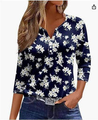 Women's T-shirt V-neck Half-open Tube Three-button Printed 34 Sleeves Top