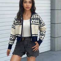 Women's Contrast Color Jacquard Weave Zip Knitwear