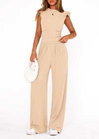 Womens Solid-Colored Summer Two-Piece Set Ruffled Hem Wide-Leg Pants Casual Fashion Outfit