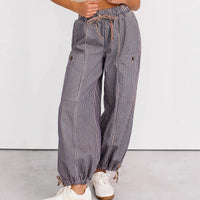 New High-waisted Casual Striped Print Tie Straight Pants