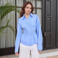 Notched-collar Top With Pleated Waist Long-sleeve Shirt For Women