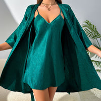 V-neck Long Slip Nightdress Two-piece Set Simple Artificial Silk