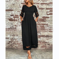 Womens Half-Sleeve Mesh Crew-Neck Patchwork Pocket Dress