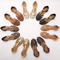 Knitted Hollow-Out Flat Closed-Toe Sandals Open-Back Breathable Strap-Clasp Fashionable Resort Roman Shoes