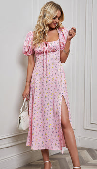 Puff-sleeve Strapless Floral Print Split Dress With Tie Closure And Short Sleeves