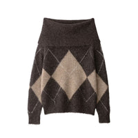 Off-shoulder Rhombus Jacquard Knitted Sweater For Women