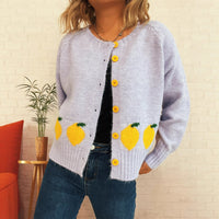 Lemon Jacquard Contrast Color Button Casual Loose Round Neck Sweater