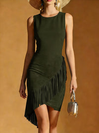 Western Wind Womens Summer Elegant Silk-Satin Texture Tasseled Hem Sleeveless Tank Dress
