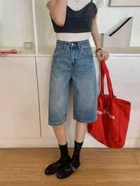 Retro High Waist Denim Water Blue Fifth Wide-leg Pants