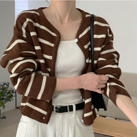 Women's Loose Striped Contrast Color Knitted Cardigan Sweater Coat