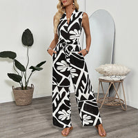 Womens Casual Waist-Cinched Sleeveless Printed V-Neck Jumpsuit