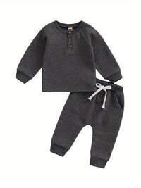 Toddler Thicken Waffle Clothes Set Boy Girls Buttons Round