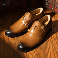 Men's First Layer Cowhide Summer Round Toe Double Buckle Retro Style Business Leather Shoes