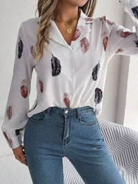Women's Elegant Feather Print Notched Lapel Long Sleeve Shirt