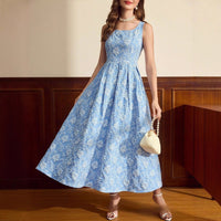 Womens Boat-Neck Jacquard Sleeveless Elegant Waist-Cinching Maxi Dress