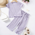 Girls Casual Style Solid Color Short Sleeve Trousers Suit