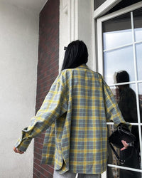 Retro Easy Matching Lapel Loose Plaid Shirt For Women