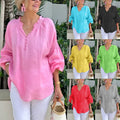 Womens Casual V-Neck Solid Color Cotton-Linen Long-Sleeve Top