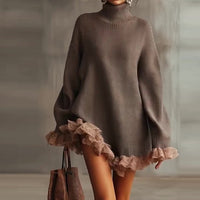 Knitted High-neck Ruffled Long-sleeve Gray Sweater