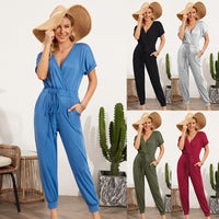 Cross V-Neck Short Sleeve Tie Pocket Casual Jumpsuit