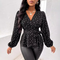 Women's V-neck Heart Shape Printed Cross Collar Drawstring Shirt