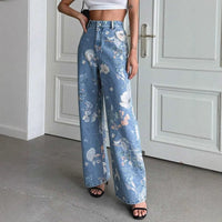 Women's American-style Vintage Blue Floral Print Jeans