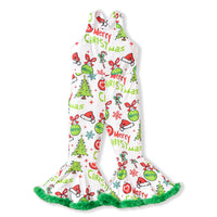 Girls' Christmas Party Dress-up Printed Burr Flared Suspender Pants