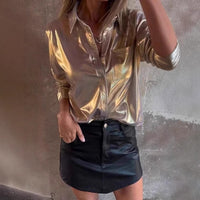 Women's Faux Leather Fashion Polo Collar Shirt