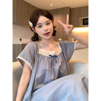 Haze-Blue Summer Short-Sleeve Long Dress Pajamas Loungewear