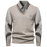 Autumn And Winter New Men's Long-sleeved Fake Two-piece Fashion Fleece-lined Striped Shirt