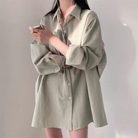 Polo Collar Single Row Button Loose Long Sleeve Long Shirt